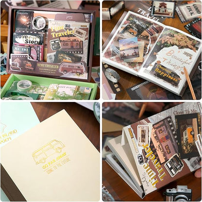 Scrapbook Supplies Kit, Vintage Aesthetic Scrapbook Kit, 351pcs Junk Journal Supplies with Scrapbooking Paper A6 Grid Notebook, Journaling Supplies, Birthday Craft Gift for Adult, Time Traveler