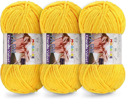 3 * 100g Chunky Yarn for Crocheting and Knitting - Easy to Use Plush Chenille Super Bulky Yarn 393yds - Ultra Soft Velvet Baby Blanket Yarn for Beginners & Amigurumi Projects, Turmeric