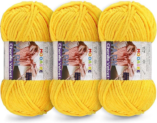 3 * 100g Chunky Yarn for Crocheting and Knitting - Easy to Use Plush Chenille Super Bulky Yarn 393yds - Ultra Soft Velvet Baby Blanket Yarn for Beginners & Amigurumi Projects, Turmeric