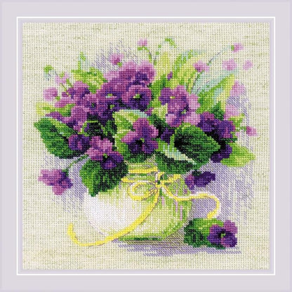 RIOLIS - Violets in a Pot 2091, Cross Stitch Kits 8¾" x 8¾", Cross Stitch Kits for Adults, Floral Counted Cross Stitch Kits, Embroidery Kit for Beginners & Advanced, Crossstitching Kits