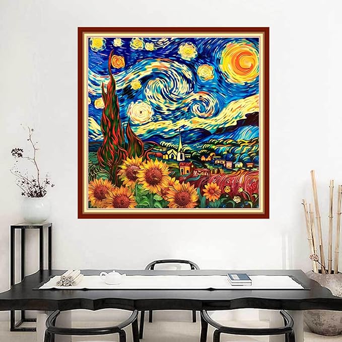 Joyhoor Stamped Cross Stitch Kits for Beginners Needlepoint Kits for Adults Embroidery Kits 11CT Counted Cross Stitch Kits Printed Embroidery Pattern-Van Gogh Starry Sky Flowers 18x18 inchs