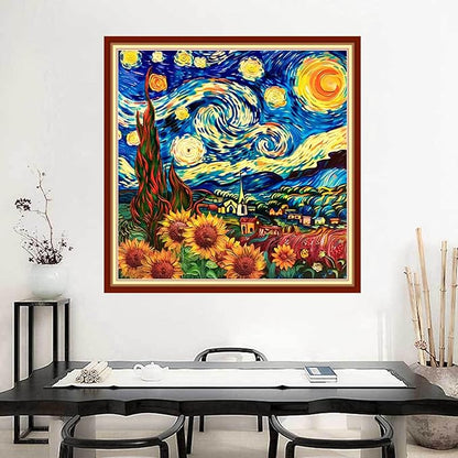 Joyhoor Stamped Cross Stitch Kits for Beginners Needlepoint Kits for Adults Embroidery Kits 11CT Counted Cross Stitch Kits Printed Embroidery Pattern-Van Gogh Starry Sky Flowers 18x18 inchs