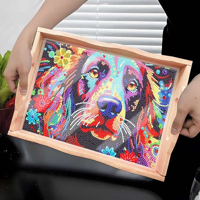 FGbaby DIY 5D Colorful Dog Diamond Painting Wood Serving Tray with Handles Diamond Art Decorative Serving Trays Wooden Tray for Breakfast in Bed, Patio, BBQ, Coffee Table, Party –Great for Lap & Couch
