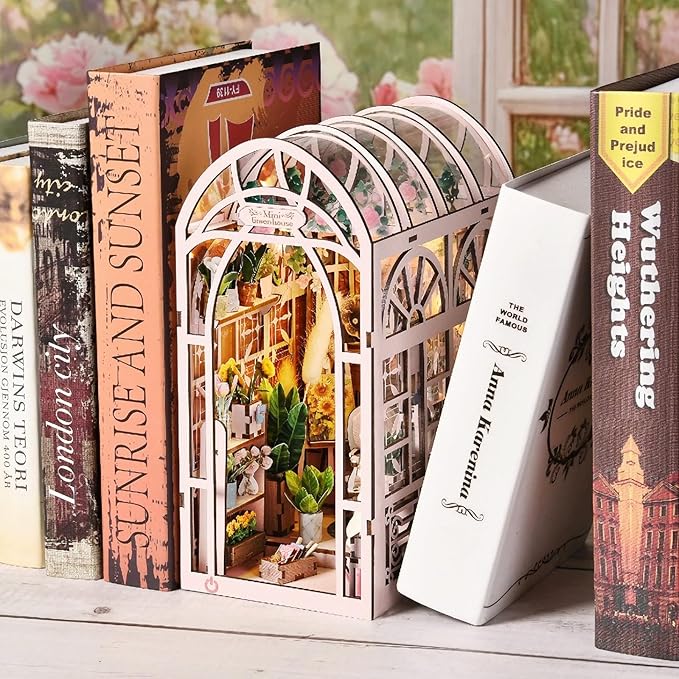 Foyucool DIY Book Nook Kit, Miniature Bookshelf Decor with LED Lights, Laser-Cut Wooden Craft Set for Adults, Creative Gift for Christmas, Birthday, Greenhouse Flower Room