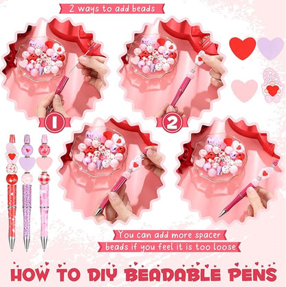 Geyee 12 Set Plastic Beadable Pens Assorted Bead Pens Crystal Wood Round Spacer Set Black Ink DIY Ballpoint for Women Men Gift Office Supplies(Heart)