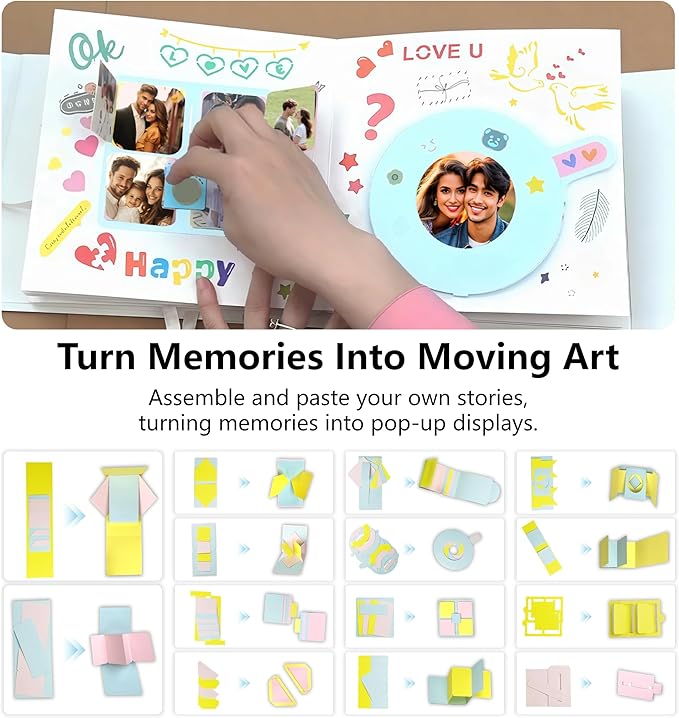 Ranxu 16 sets Handmade 3D Photo Album Decorations Kits-diy Interactive Memory Book, DIY Gift for Young, Girl, Women Baby, Wedding Family Photos(Travel, Anniversary, Birthday Gift) (Material Kit-Color)