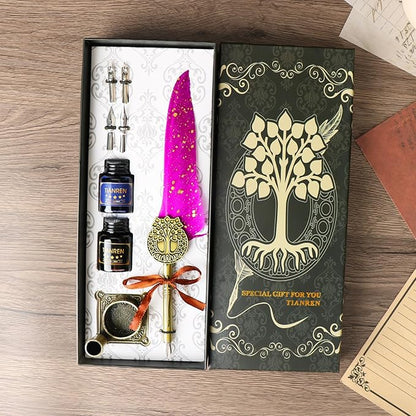 TIANREN Feather Pen and Ink Set,quill pen ink set,Antique Calligraphy Pen with 4 Replaceable Nibs,2 Bottle of ink,Pen Holder Christmas Gift for Men&Women.(Purple)