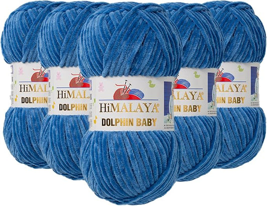 5 Skein/Pack Himalaya Dolphin Baby Chenille Yarn, Each Ball 100 gr (3.5 oz), 120 m (132 Yards), 100% Polyester, Super Bulky Baby Blanket Velvet Amigurumi Yarn, 80341 - Denim Blue
