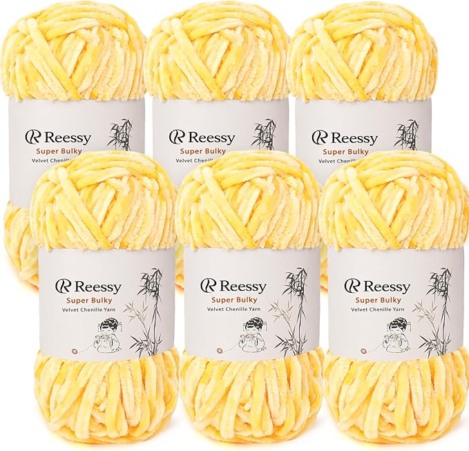 Velvet Chenille Yarn Pack – 6 Skeins × 100g Super Bulky (CYC #6) – Soft Velvet Chunky for Crocheting & Knitting, Fluffy Chenille Yarn for Blankets, Scarves & Crafts (Yellow)