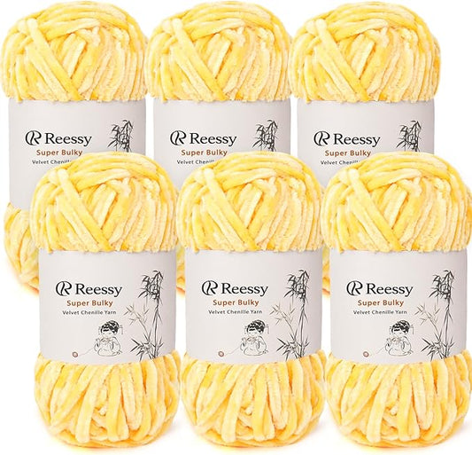 Velvet Chenille Yarn Pack – 6 Skeins × 100g Super Bulky (CYC #6) – Soft Velvet Chunky for Crocheting & Knitting, Fluffy Chenille Yarn for Blankets, Scarves & Crafts (Yellow)