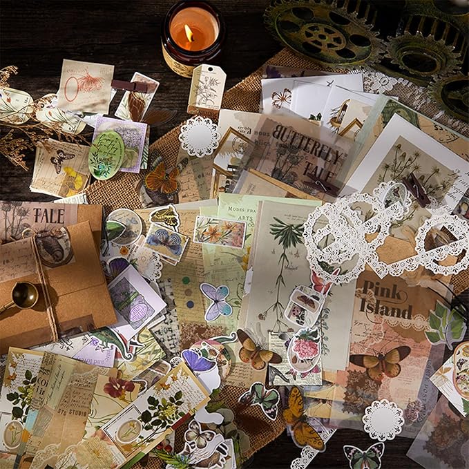251PCS Vintage Scrapbook Supplies Pack, Scrapbooking Paper and Stickers Ephemera Bundle Junk Journal Kit for Art Aesthetic Journaling Collage Decoupage Craft (Flowers and Birds)
