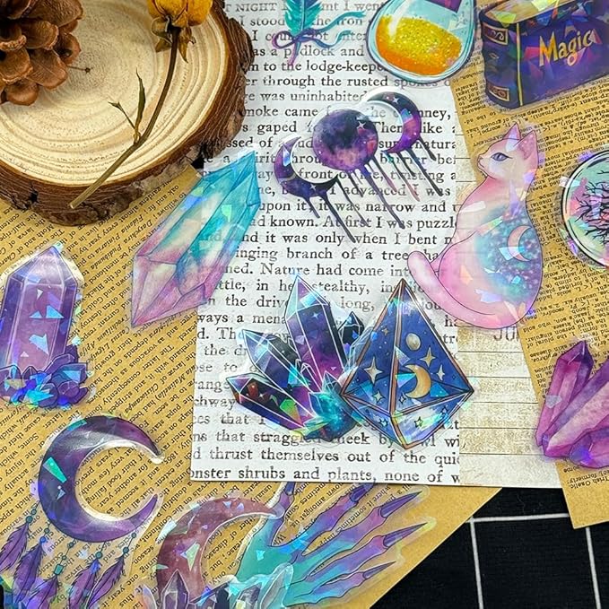 50PCS Holographic Witchcraft Stickers for Scrapbooking – Magic Astrology Clear Witchy Stickers with Iridescent Effect – Aesthetic Moon Crystal Spell Book Cat Decals