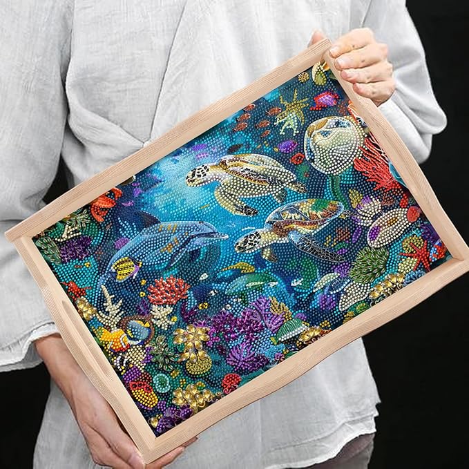 DOTSOPS Landscape Diamond Art Painting Wooden Serving Trays with Handles Tray with Handles,Big Gem for Parties Home Decor (12x16 Inches)
