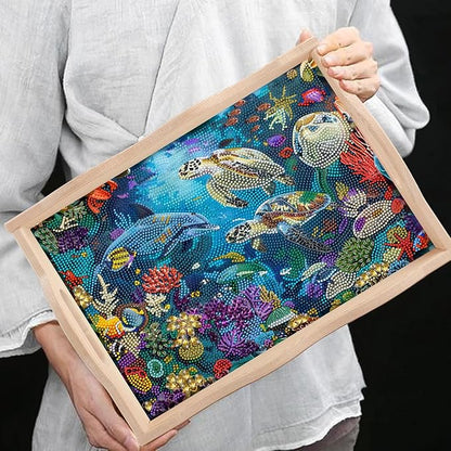 DOTSOPS Landscape Diamond Art Painting Wooden Serving Trays with Handles Tray with Handles,Big Gem for Parties Home Decor (12x16 Inches)