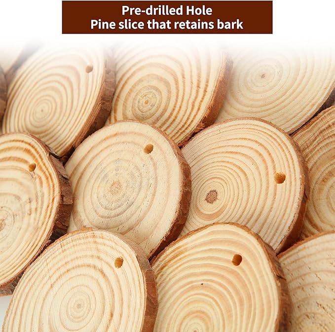Acrux7 100 PCS Natural Wood Slices for Painting, 2.4-2.8 Inch Unfinished Wood Slices Predrilled with Hole, Round Wooden Slices for DIY Crafts, Arts, Christmas Ornaments, Coaster, Home Decoration
