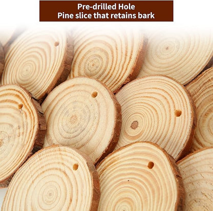 Acrux7 100 PCS Natural Wood Slices for Painting, 2.4-2.8 Inch Unfinished Wood Slices Predrilled with Hole, Round Wooden Slices for DIY Crafts, Arts, Christmas Ornaments, Coaster, Home Decoration