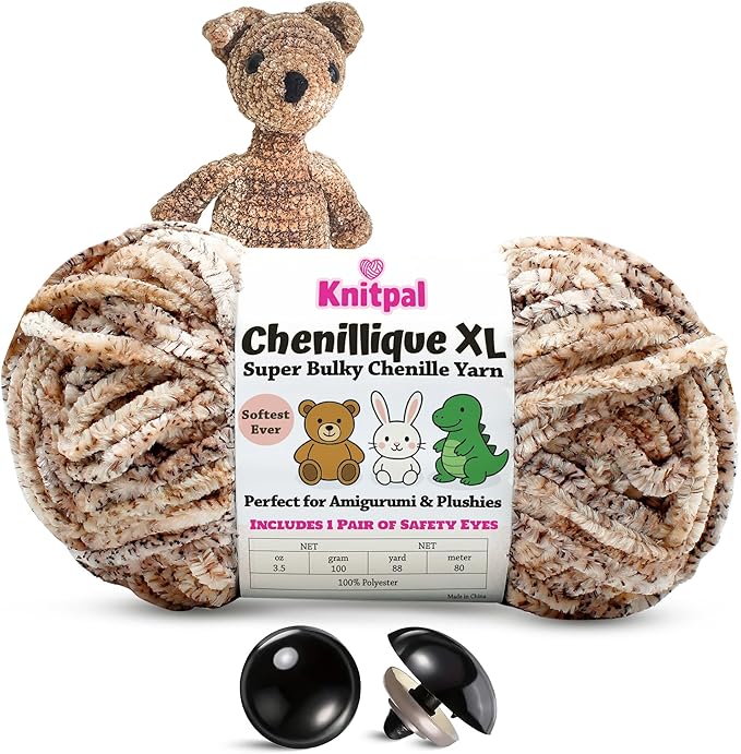 Chenillique XL Super Bulky Chenille Yarn – 100g Skein (88 Yards) + Safety Eyes + Free Plushie Pattern – Plush Polyester Yarn for Amigurumi, Crochet & Knitting - Cocoa Dust