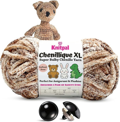 Chenillique XL Super Bulky Chenille Yarn – 100g Skein (88 Yards) + Safety Eyes + Free Plushie Pattern – Plush Polyester Yarn for Amigurumi, Crochet & Knitting - Cocoa Dust