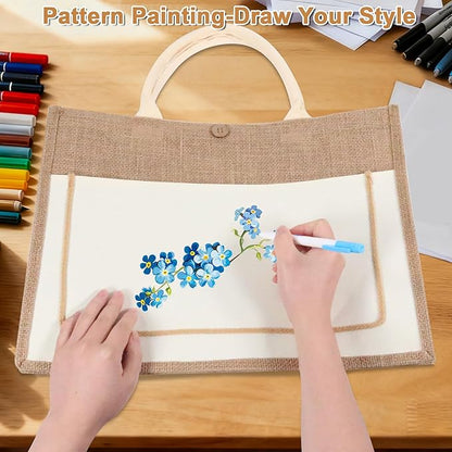 DIY Personalized Canvas Tote Bag with Embroidery Kit, Sturdy Jute Craft Bag with Front Pocket & Water-Resistant Lining, Customizable Gift Tote for Women, Everyday Use, Beach, Work, Groceries (B)