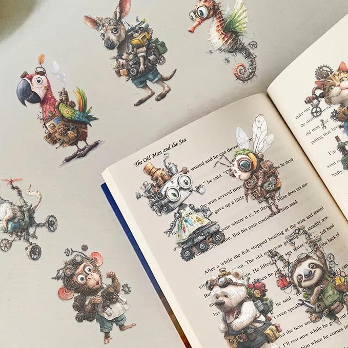 50PCS Steampunk Animal Stickers – Vintage Victorian Mechanical Creatures Waterproof Clear Stickers for Journaling, Scrapbooking, Crafts, Laptops, Art Projects