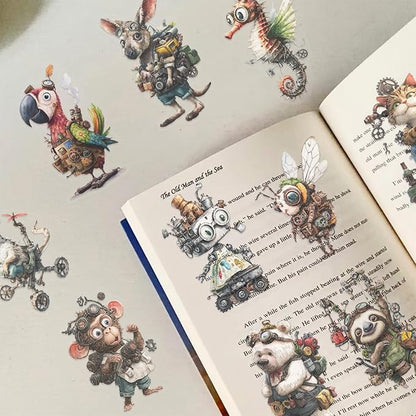 50PCS Steampunk Animal Stickers – Vintage Victorian Mechanical Creatures Waterproof Clear Stickers for Journaling, Scrapbooking, Crafts, Laptops, Art Projects