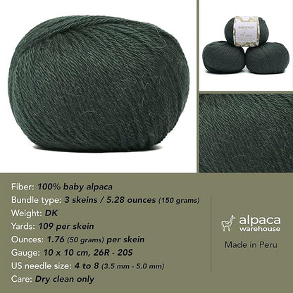 100% Baby Alpaca Yarn Wool Set of 3 Skeins (150 Grams) DK Weight - Made in Peru - Heavenly Soft and Perfect for Knitting and Crocheting (Forest Green, DK)