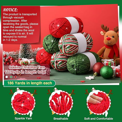 Timgle 6 Pcs Skeins Christmas Yarn for Crocheting 186 Yard Christmas Glitter Yarn Soft Each 100g/ 3.53 oz Knitting Crocheting Gift Craft Project Assorted Starter (Mixcolor Red Green)
