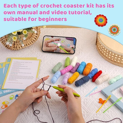 Tavkite Crochet Kit for Beginners, 4 Pack Coasters Crochet Starter Kit with Instructions and Video Tutorials, Easy to Learn Crochet Kits for Adults, Knitting Kit for Beginner DIY Craft
