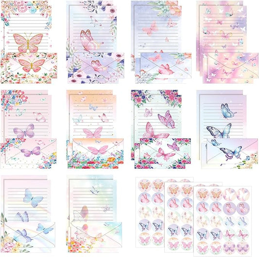 TaoBary 160 Pcs Stationery Paper Set 50 Double Sided Stationery Papers with 50 Matching Envelopes and 60 Round Dot Sticker, 10 Design(Watercolor Butterfly,8.5 x 11 Inch)