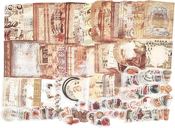 200PCS Vintage Scrapbooking Supplies Pack for Junk Journal Planners Decoupage Paper Scrapbook Stickers Aesthetic Cottagecore Collage Craft Album (Coffee)
