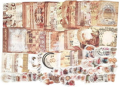 200PCS Vintage Scrapbooking Supplies Pack for Junk Journal Planners Decoupage Paper Scrapbook Stickers Aesthetic Cottagecore Collage Craft Album (Coffee)
