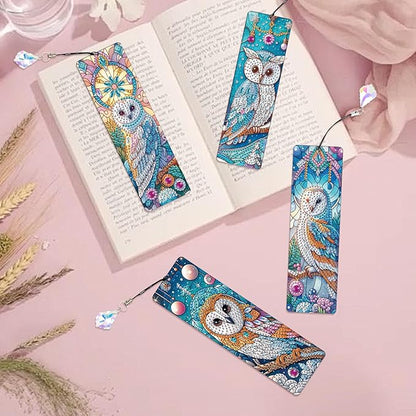 4-Piece DIY 5D Diamond Painting Bookmark Kits, Owl Special Shaped Crystal Rhinestones Book Marks, Handmade Diamond Art Bookmarks with Crystal Pendant Tassels, Decorative Craft Gift Set for Adults