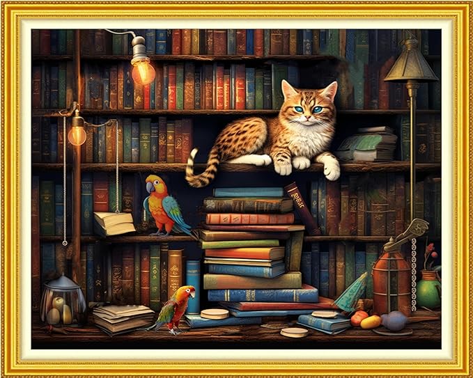 Foxhool Stamped Cross Stitch Kits,11CT Printed Cross Stitch Pattern Full Embroidery Kits for Beginner Needlepoint Kits-Cat Bookstore 16x20 inchs