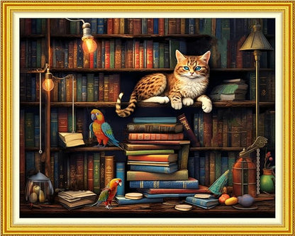 Foxhool Stamped Cross Stitch Kits,11CT Printed Cross Stitch Pattern Full Embroidery Kits for Beginner Needlepoint Kits-Cat Bookstore 16x20 inchs