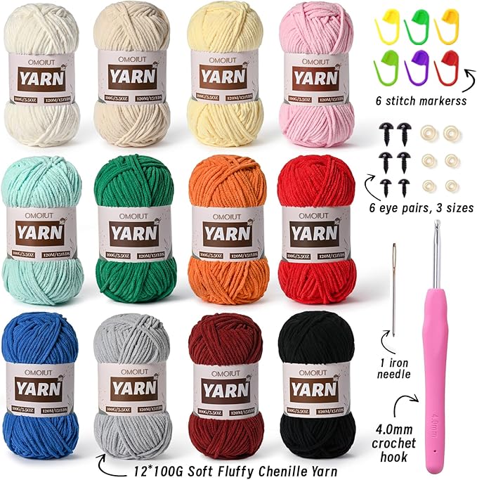 12 Pack 42.3oz/1572yds Bulky Multicolor Yarn Set, Plush Chenille Blanket Yarn for Crocheting, Fluffy Velvet Yarns for Crochet, Fuzzy Baby Yarns for Crocheting Soft, Crochet Amigurumi B