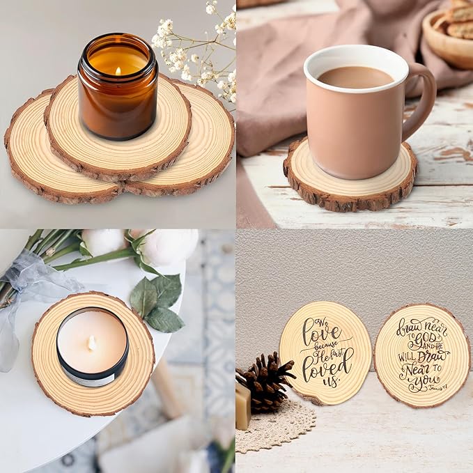 70 PCS 4-4.7 Inch Natural Wood Slices, Unfinished Pine Wood Circles with Barks for Coasters, DIY Crafts, Christmas Rustic Wedding Ornaments and Centerpieces,by GNIEMCKIN.