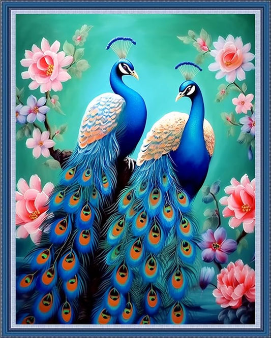DMCVIVR Stamped Cross Stitch Kits for Beginners Adults Needlepoint Kits for Beginners Embroidery Kits for Adults Crossstitch Kit for Beginners 11CT-Blue Peacock Couple 16x20 inchs