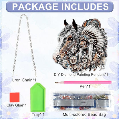 Diamond Art Suncatcher Hanging Kit Native American Horse Design, Special Shaped Diamond Painting Hanging Ornament for Adults DIY Wall Window Decoration