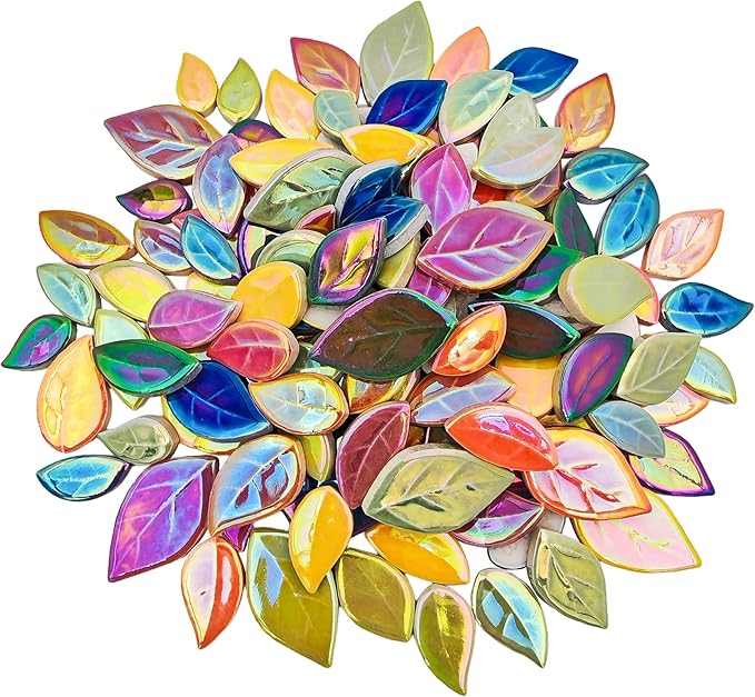 500g/1.1lb Leaf-Shaped Ceramic Mosaic Tiles,Ceramic Mosaic Pieces for Crafts,Mosaic Tiles for Home Decoration or DIY Crafts,Mosaic Making Supplies. (Iridescent Mixed Color)