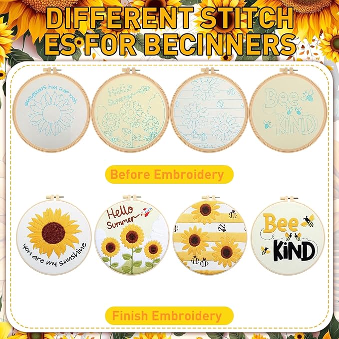 Riceshoot 8 Set Sunflower Embroidery Kit for Beginner Adults Cross Kit with Pattern Instruction, Embroidery Cloth and Hoops, Thread, Needle, Needle Threader, Thread Remover, Scissors
