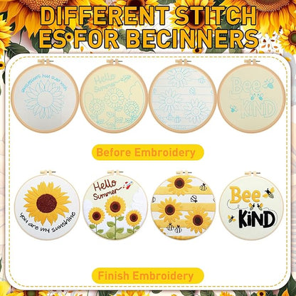 Riceshoot 8 Set Sunflower Embroidery Kit for Beginner Adults Cross Kit with Pattern Instruction, Embroidery Cloth and Hoops, Thread, Needle, Needle Threader, Thread Remover, Scissors