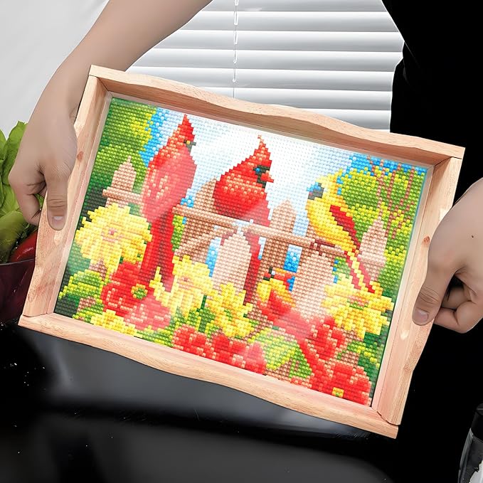 FGbaby DIY 5D Cardinal Bird Diamond Painting Wood Serving Tray with Handles Diamond Art Decor Serving Trays Wooden Tray for Breakfast in Bed, Patio, BBQ, Coffee Table, Party –Great for Lap & Couch