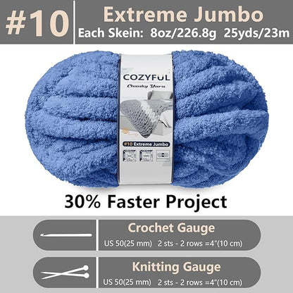 Chunky Yarn for Hand Knitting - #10 Chunky Chenille Yarn, Jumbo Big Thick Chunky Yarns for Crocheting, Super Bulky Chunky Knit Blanket Yarns, 8 Skein (25 yds 8 oz Each Skein), Country Blue