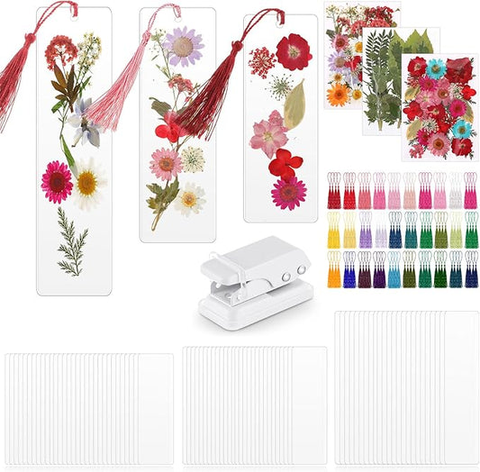 Fuyoooo 50 Pcs DIY Dried Flower Bookmark Making Kit, 3 Size DIY Pressed Flower Transparent Bookmark Laminating Pouches Thanksgiving Christmas Teacher Gift Bulk for Book Lovers(Rainbow Colors)