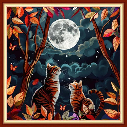 Funchey Stamped Cross Stitch Kits, DIY Cross Stitch Pattern for Adults Beginners Needlepoint Kits Embroidery Kit Arts and Crafts 11CT&Two Cats Admiring The Moon 18x18 inchs