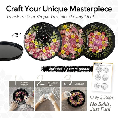 GooCare DIY Decorative Tray Craft Kit for Adult - Create Your Own Real Flower Tray with Epoxy Resin, Metal Tray for Vanity, Perfume, Key, Trinket Organizer, Table Decor (Black, Basic)