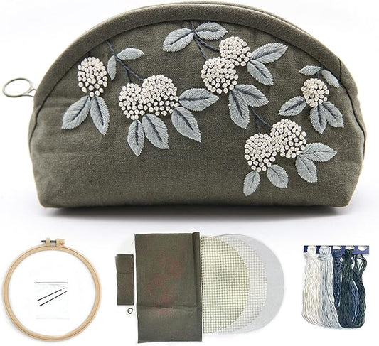 FONNUY Embroidery Kit Makeup Bag for Beginners, Flowers Pre-Stamped Pattern Handbag Coin Purses Making Kits for Adults with Hoop, Easy to Follow Color Thread Needlework (Grey)