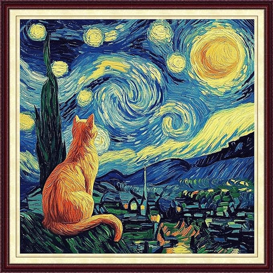 DMCCRAFT Stamped Cross Stitch Kits for Adults 11CT Printed Cross-Stitch Patterns Embroidery Kits Easy Cross Stitching Needlepoint Kits&Cat admires Van Gogh's Starry Sky 18x18 inch