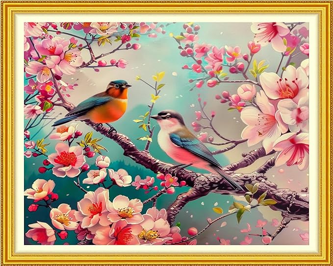 Foxhool Stamped Cross Stitch Kits,11CT Printed Cross Stitch Pattern Full Embroidery Kits for Beginner Needlepoint Kits-Pink Flower Bird 16x20 inchs