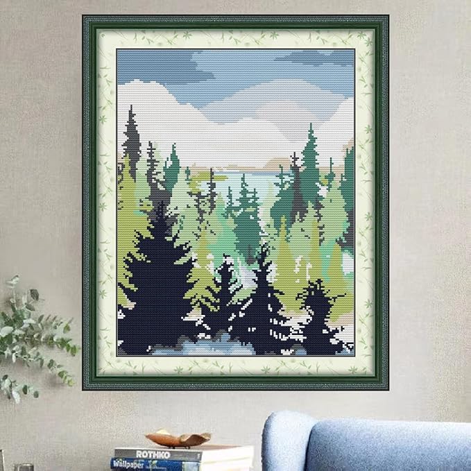 Svarog 14CT Stamped Cross Stitch Kit for Beginners - Easy & Stylish DIY Embroidery with Simple Patterns, Ideal for Women’s Relaxation | Forest Oil Painting 1 | 12.2 x 15.0 inch